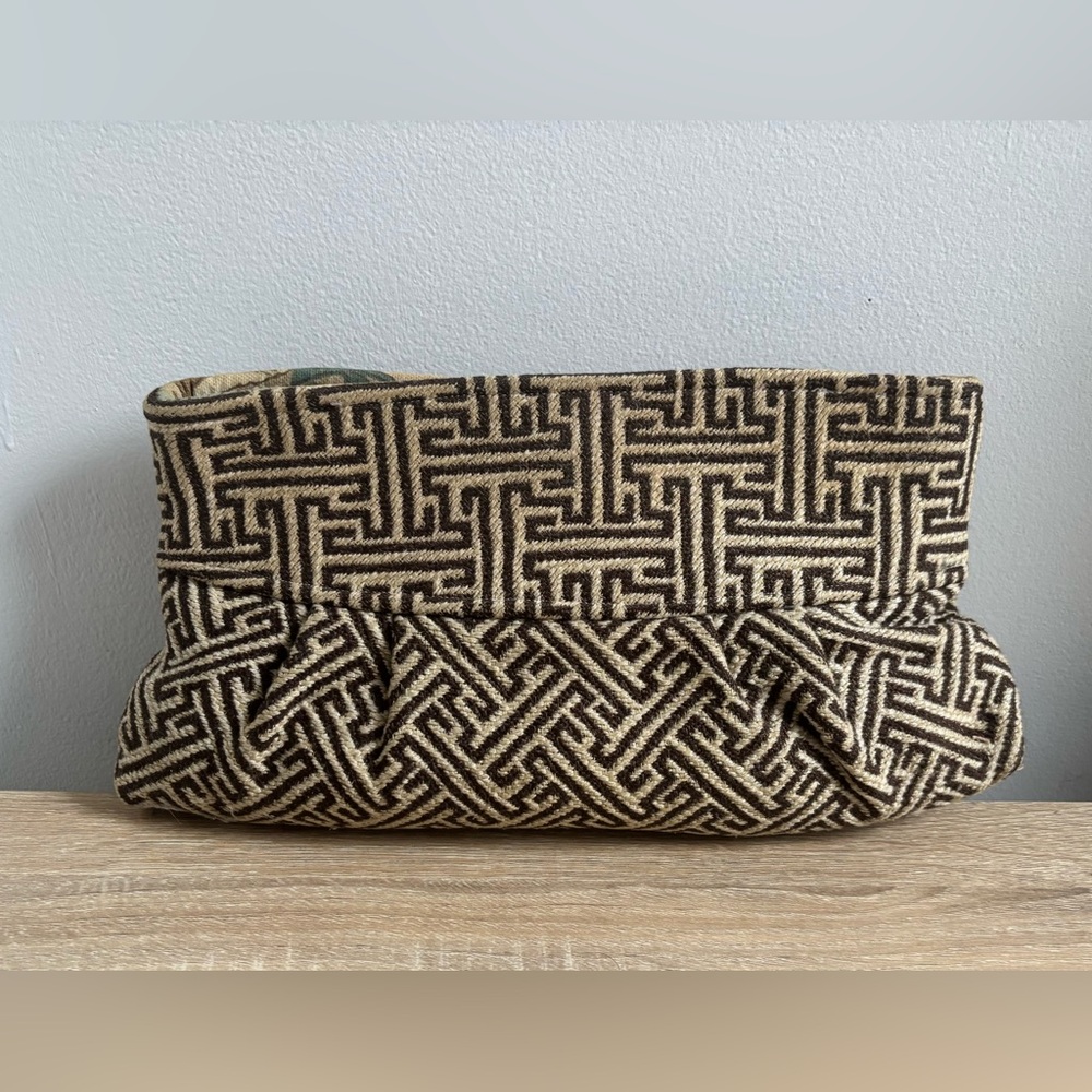 Chocolate & Cream Geometric Tapestry Clutch – Slim Profile
